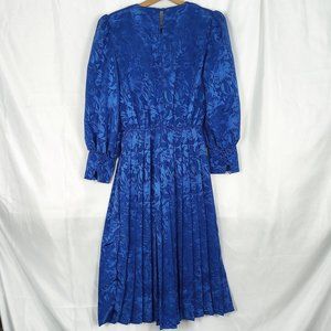 Vintage Sweet Miranda Royal Blue Floral Pleated Long Sleeve Midi Dress Size 8